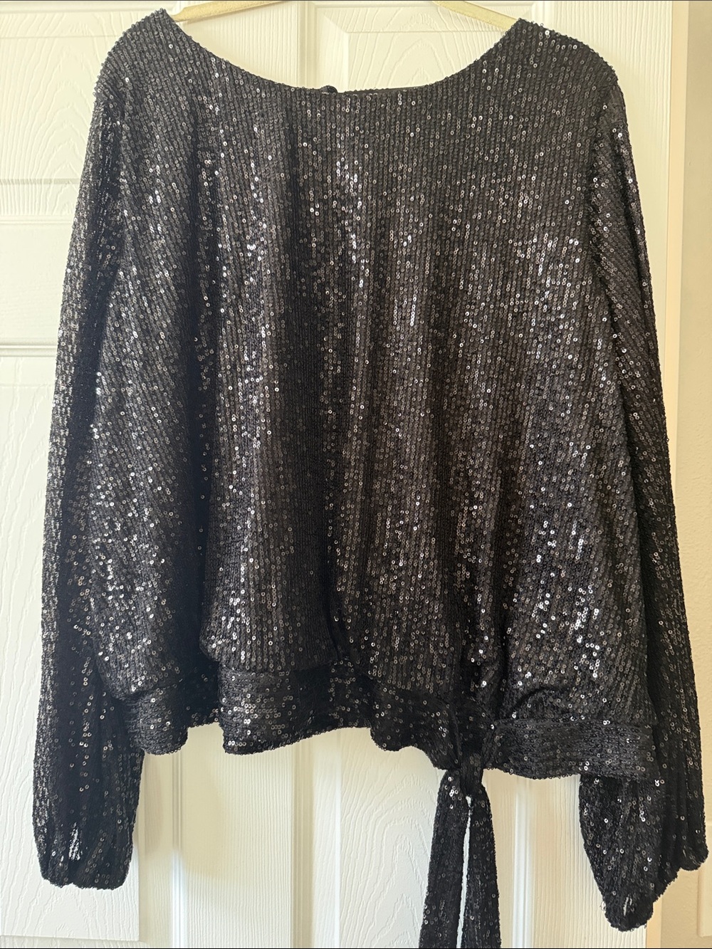 Tahari ASL Black Sequin Tie-Hem Boatneck Sweatshirt